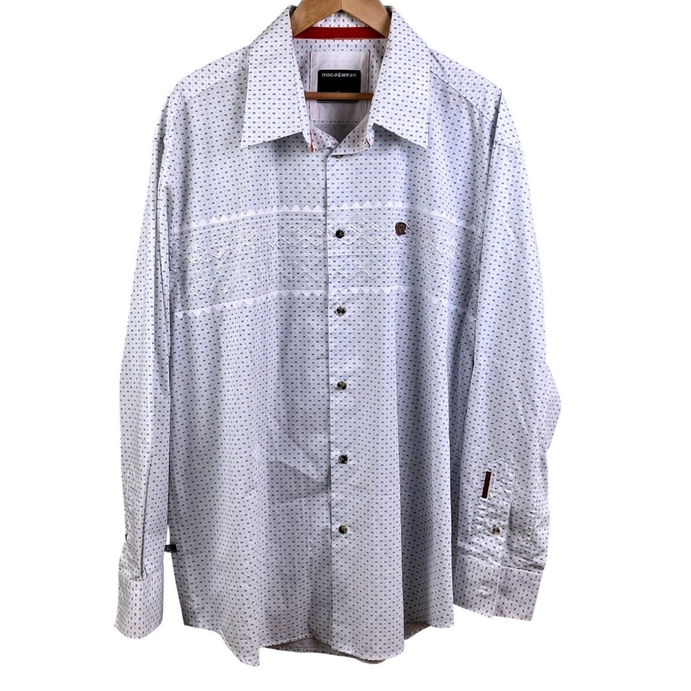 VTG Rocawear Embroidered Micro Print White Blue Long Sleeve Shirt Size XL